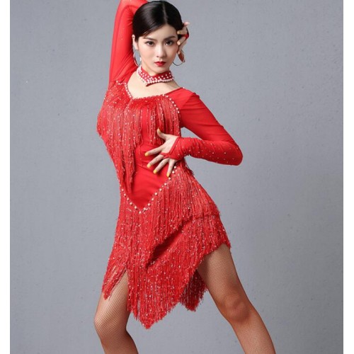 Women's red royal blue black fringes latin dance dresses salsa samba chacha dance costumes dress